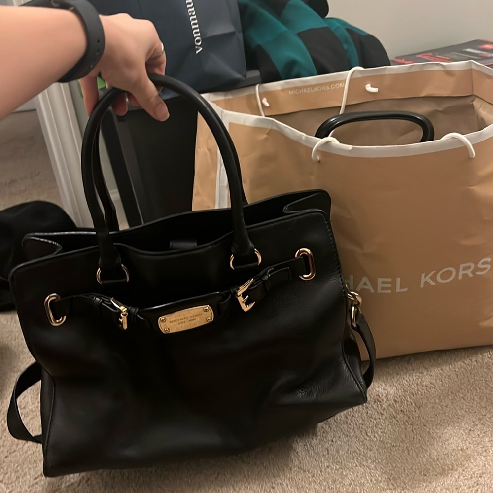 Michael Kors black Hamilton leather top handle satchel bag